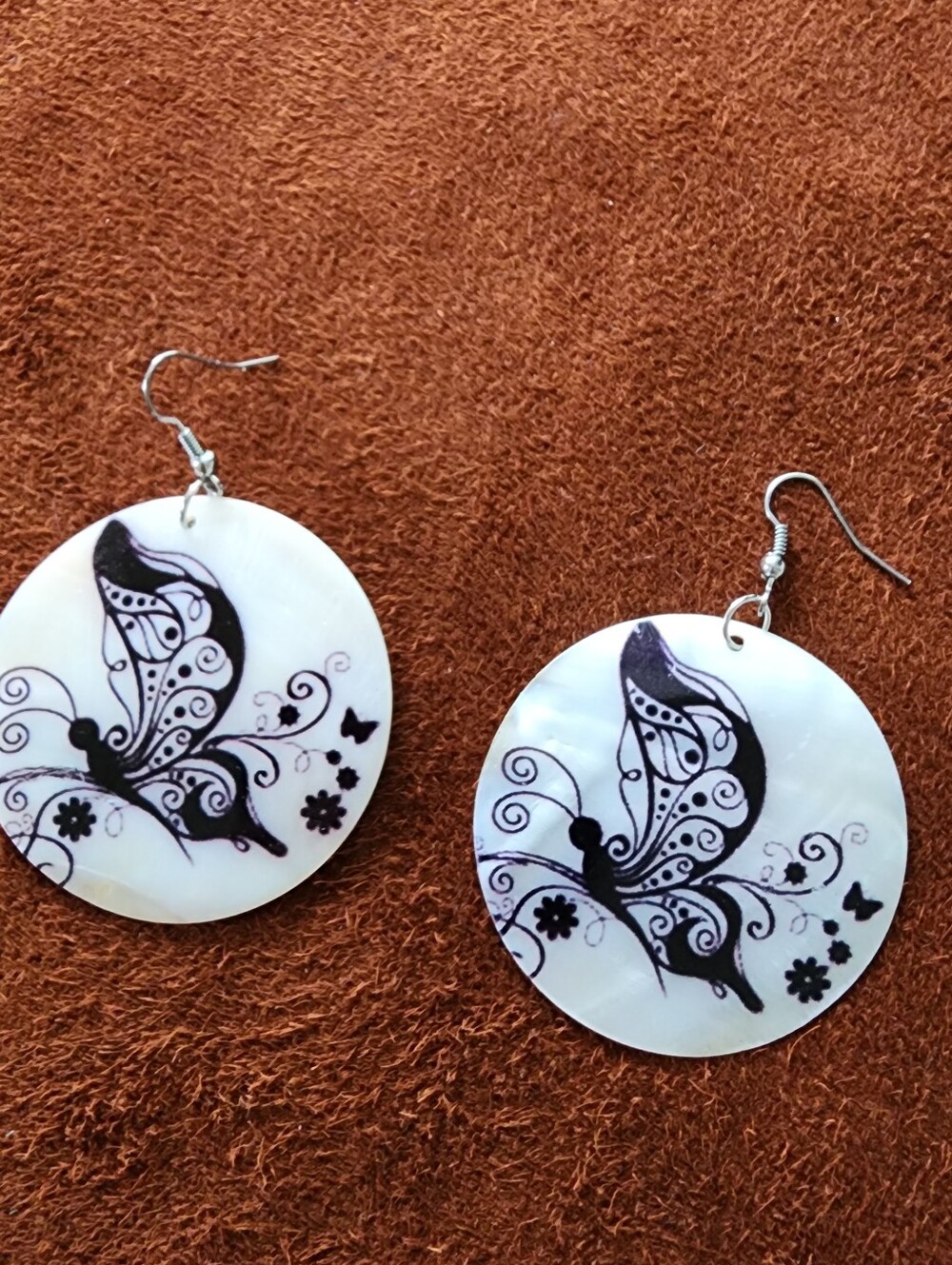 Vintage Mother Of Pearl Butterfly Circle Drop Earrings Statement Boho